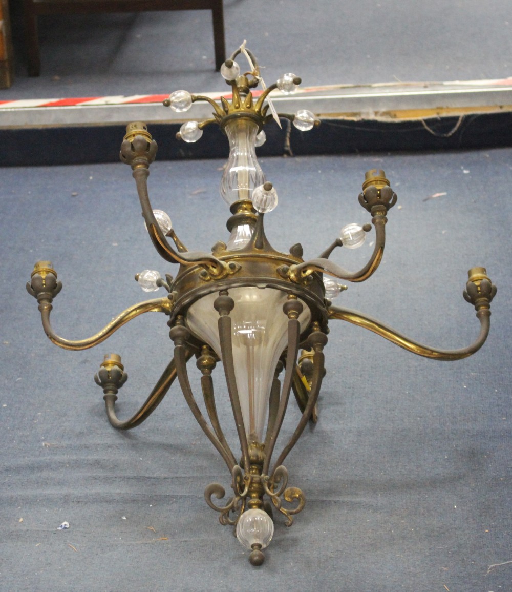 A 19th century style glass and brass six branch chandelier, drop 76cm diameter 60cm